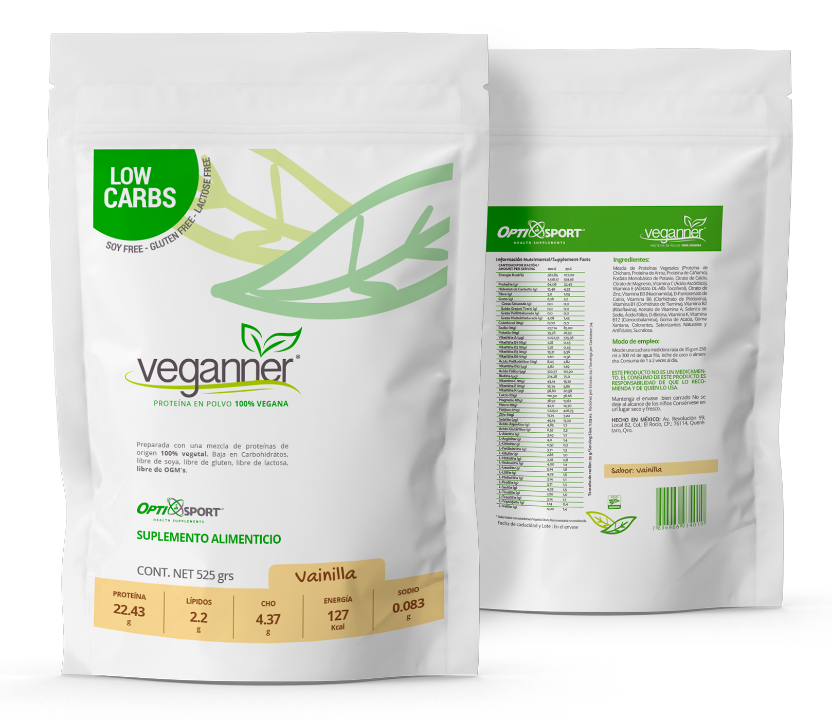 VEGANNER Proteína Vegetal (Vegana) Libre de OGMs, que NO Inflama, 22.4 g de proteína por servicio, 15 servicios | Sabor Vainilla | Bolsa con 525 grs. | Suplemento en Polvo | Proteína Vegana