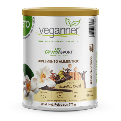 VEGANNER Proteína Vegetal (Vegana) KETO Libre de OGMs, que NO Inflama, 15g de proteína por servicio, 15 servicios | Sabor Vainilla Chai | Lata con 375 grs. | Suplemento en Polvo | Proteína Vegana