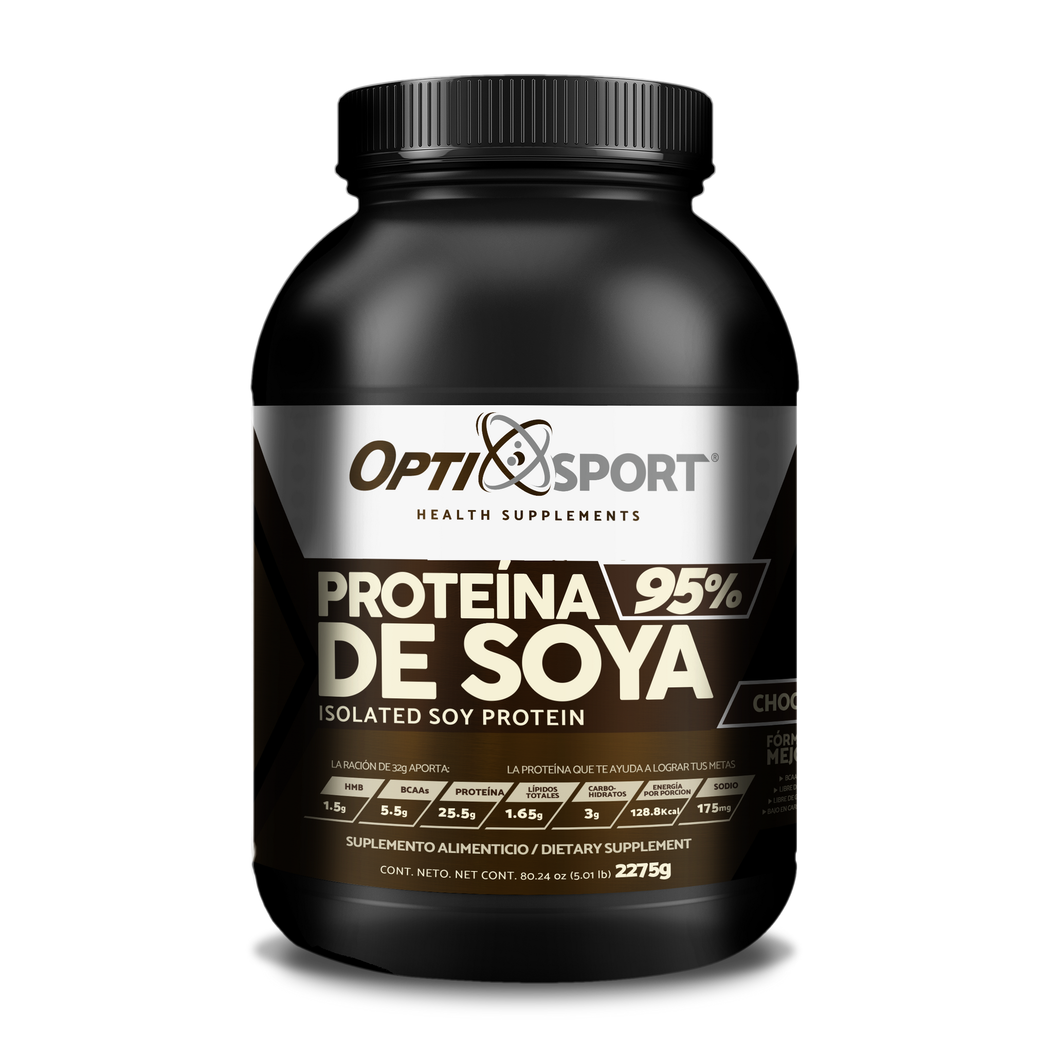 SOYA95 OptiSport Proteína de Soya +HMB + BCAAs, que NO Inflama, 25.5 g de proteína por servicio, 39 servicios | Sabor Chocolate | Bote con 1250 gr | Suplemento en Polvo | Proteína de Soya